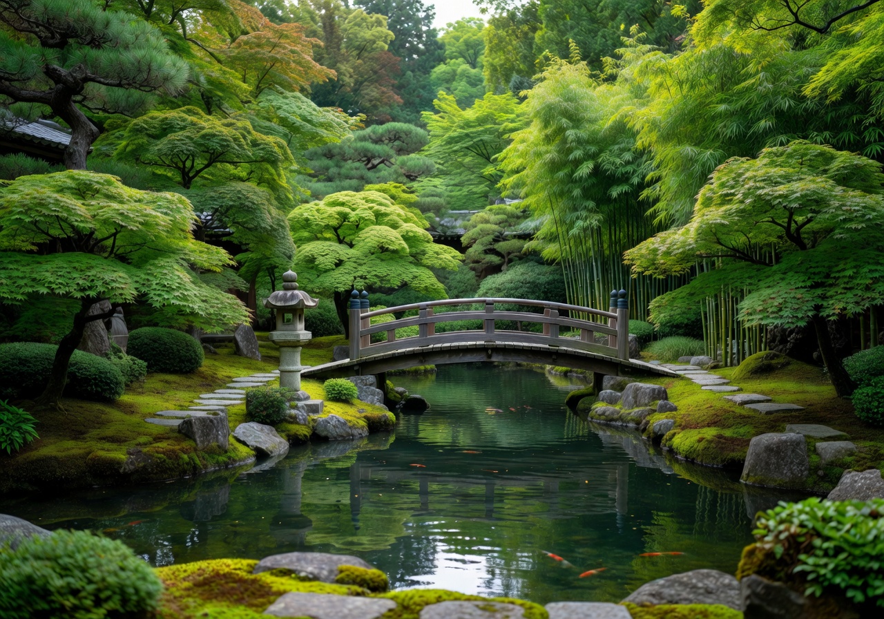 A serene and tranquil traditional Asian garden with lush green foliage