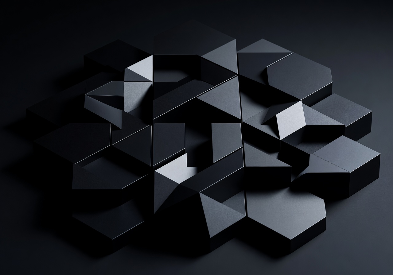 Abstract dark geometric shapes resembling a digital vault or secure lock