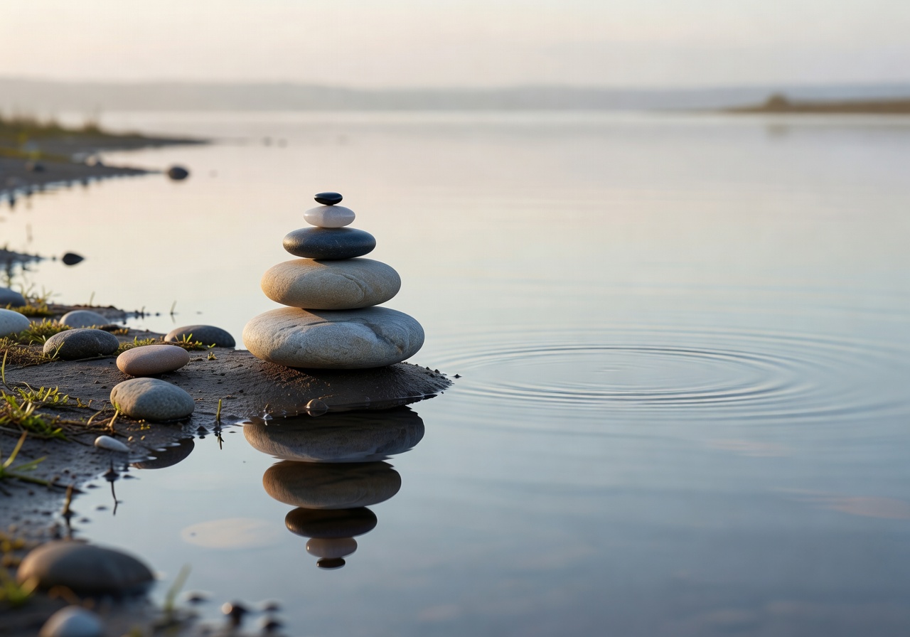 Balanced zen stones next to water representing harmony and control