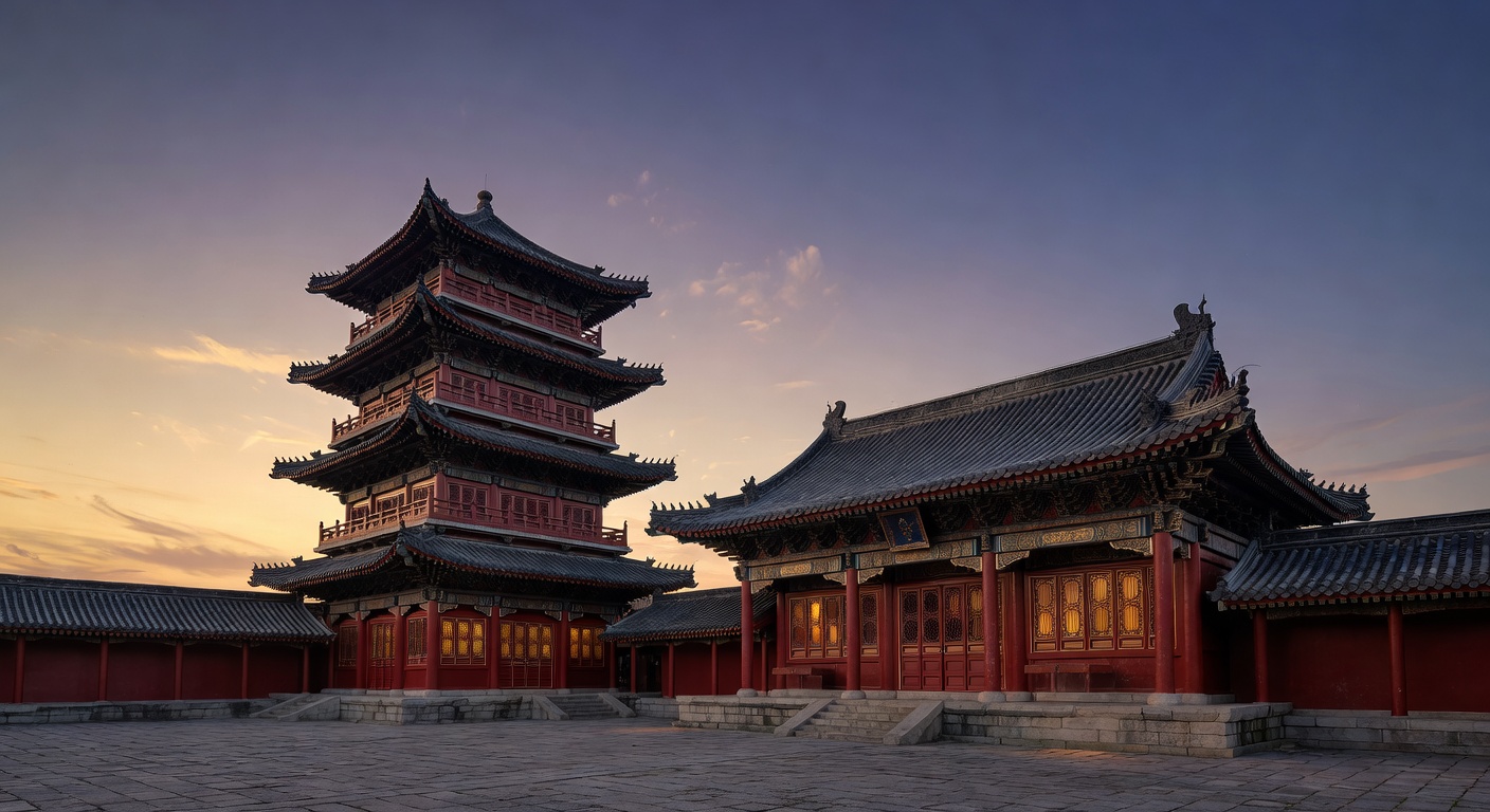 Beautiful classical Chinese architecture against an evening sky