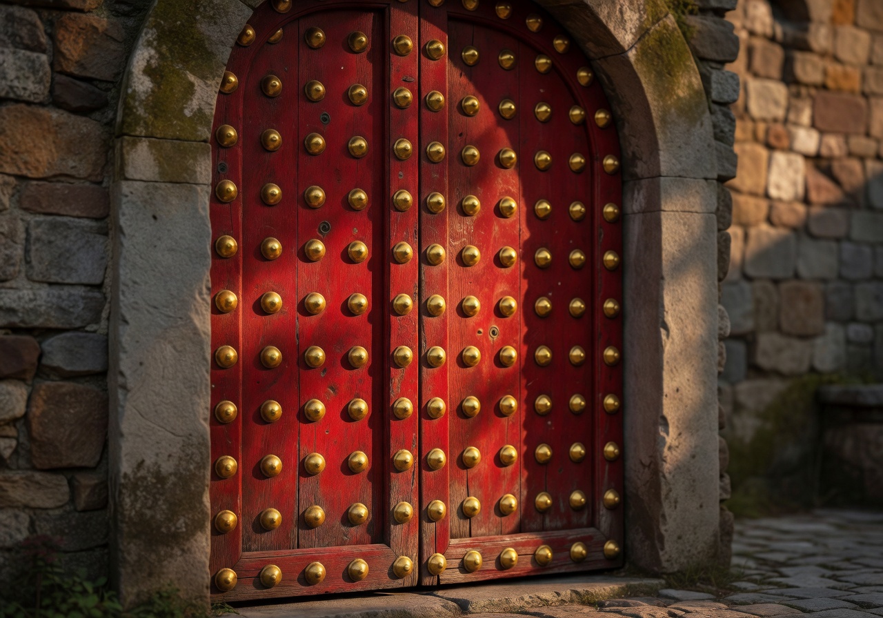 Beautiful red ancient wooden door with golden studs symbolizing an entrance