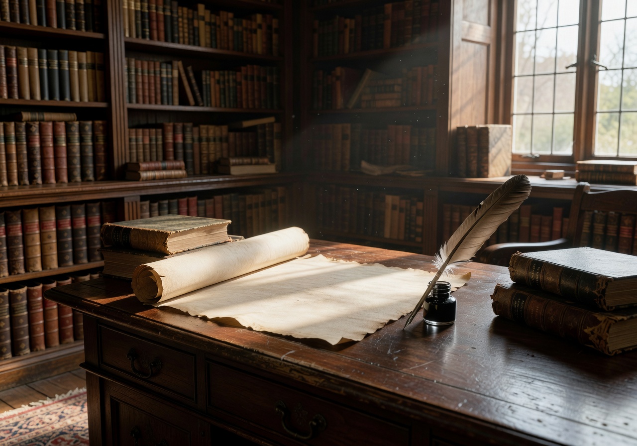 Classic scroll and quill in a vintage study symbolizing rules and agreements