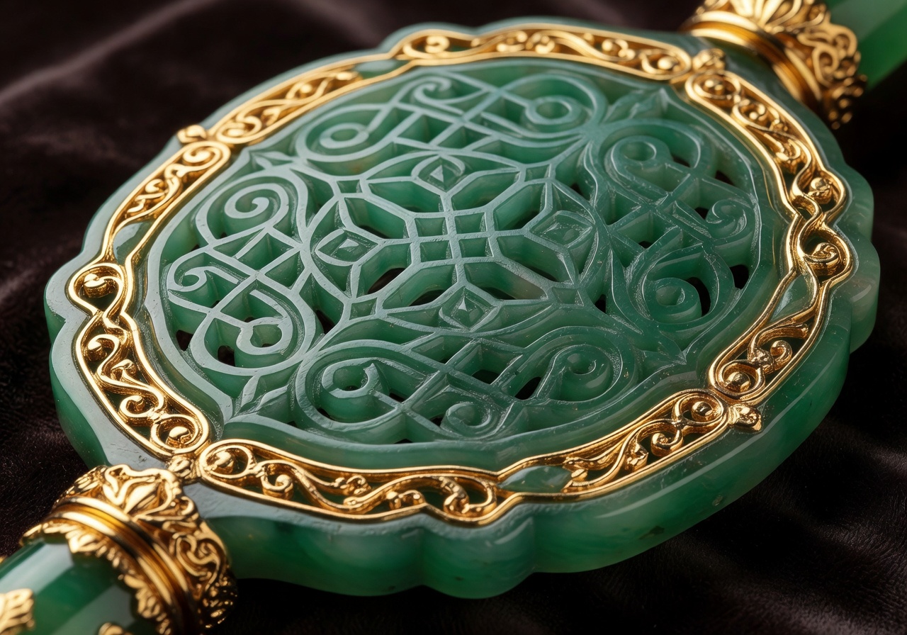 Intricate green jade and gold artifact detail representing luxury