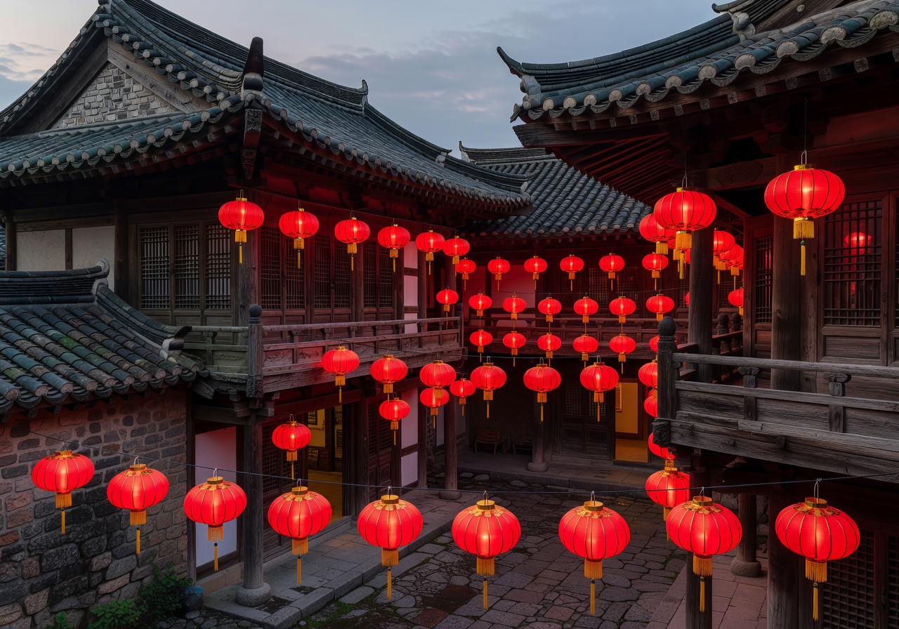 Rows of glowing red lanterns hung in traditional architectural setting